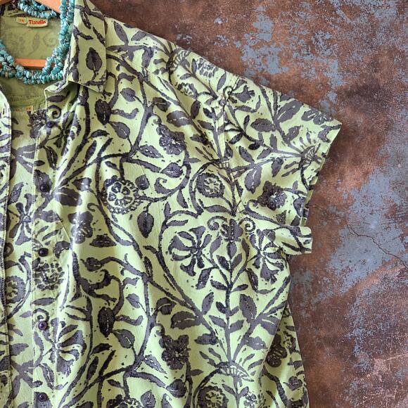 Tianello Short Sleeve Top Tank Set Plus Size 2X Green Floral Print Camp Shirt - Picture 4 of 11